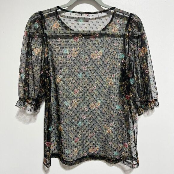 Tiny Willow Sheer Net Puff Sleeve Swiss Dot Floral Blouse Black Women’s S/M - Picture 9 of 14